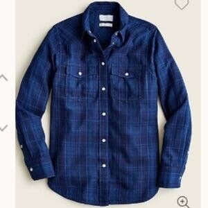 J. Crew Indigo Blue Plaid Slim Fit Western Button Up Shirt Pearl Snaps Fall
